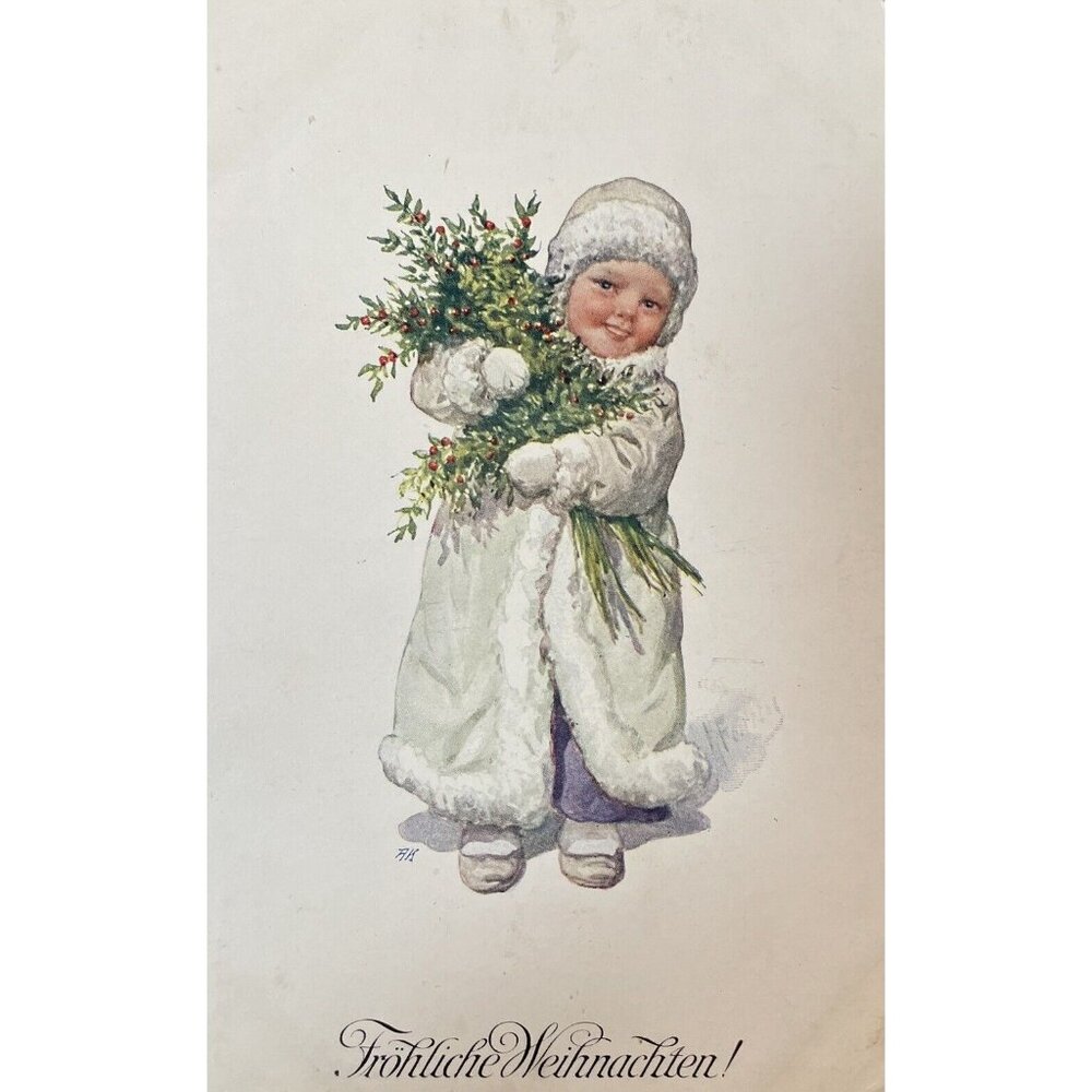 Froliche Weihnachten! Christmas Child White Coat Holly c1910 UNP DB Postcard HTF